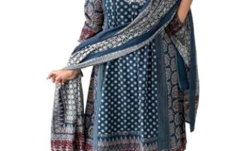 KLOSIA Women Printed Anarkali Kurta and Pant Set with Dupatta (in, Alpha, S, Teal Blue)