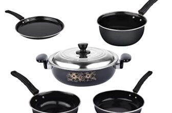ATEVON 5-Piece Nonstick Cookware Set in Black – Includes Kadai with Lid, Large & Small Tadka, Frying Pan, Tawa, and Kitchen Tools – Ideal Gift for Home Chef