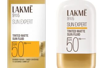 Lakme Sun Expert Tinted Dry Matte Sunscreen Fluid SPF 50+ PA++++ | 1% Ceramide Complex for Skin Barrier Repair | Sheer Coverage Foundation Like Finish – Bronze (50ml)