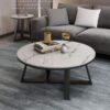 Furniture Café Modern Round Coffee Table with White Marble Finish Top and Black Metal Base – Living Room Center Table