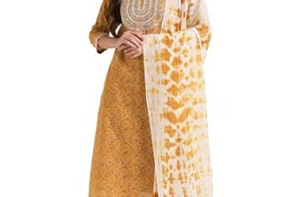 MIRCHI FASHION Pure Cotton Women Straight Sequin Embroiderd Mirror Work Kurti Set with Dupatta and Pant (K9711 – Rust, Off White – 5XL)