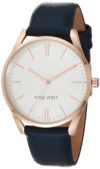 Nine West Women’s Analog Strap Watch, Navy Blue/Rose Gold, Vegan Leather Strap, Manufacturer Movement, Scratch-Resistant, Domed Mineral Crystal