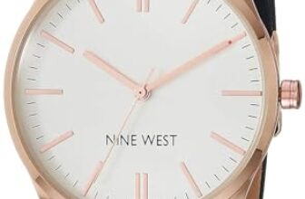 Nine West Women’s Analog Strap Watch, Navy Blue/Rose Gold, Vegan Leather Strap, Manufacturer Movement, Scratch-Resistant, Domed Mineral Crystal