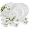 Larah by Borosil Fluted Series Green Herbs Opalware Dinner Set | 27 Piece for Family of 6 | Microwave & Dishwasher Safe | Bone-Ash Free | Crockery Set for Dining & Gifting | Plates & Bowls | White