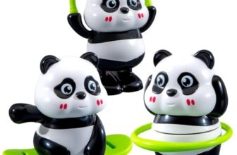 Cute Panda Action Toy Set for Kids, 3 PCS Moving Play Figures with Skateboard, Hula Hoop and Jump Rope, Interactive Indoor Activity Gift for Boys and Girls Age 3+