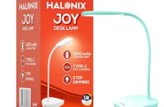 Halonix Joy Rechargeable Desk Lamp with C-Type Charging | LED Study Table Lamp with Step Dimming | Li-ion Battery | Portable Eye-Care Light for Study, Work & Home Use
