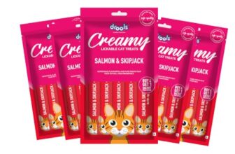 Drools Creamy Lickable Cat Treats (75g x 5 Pouches) Total 375g | Salmon & Skipjack | Easy to Hand Feed | Enriched with Vitamins