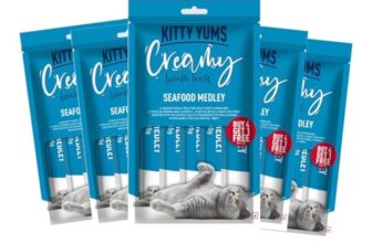 Kitty Yums Creamy Lickable Cat Treat (75g x 5 Pouches) Total 375g | Seafood Medley Flavour | Better Digestibility | Easy to Hand Feed | Better Brain & Eyesight Development