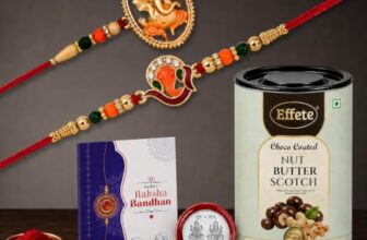 DeoDap Designer Ganesha Rakhi Set of 2 for Brother with Choco Coated Nut Butterscotch Chocolate 96gm, Pooja Coin, Roli Chawal & Card | Rakhi with Chocolate Combo for Raksha Bandhan
