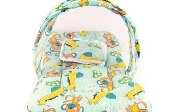 Bumtum Baby Teddy Girrafe Mosquito Net & Neck Pillow, Baby Gadda Set for New Born, 0-6 Month, Printed Baby Bedding, Sleeping Bed of 71cm x 47cm x 5cm, Sea Blue, Cotton, Free Size