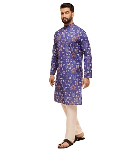 SOJANYA (Since 1958 Men’s Cotton Linen Ethnic Motifs Printed Blue Kurta with White Pyjama