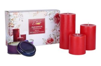 D’Velas™ Pack of 3 Unscented Red Pillar Candles | Burn Time 50/65/80 Hours | Bonus 3oz Scented Travel Tin | Long-Lasting Paraffin Wax Candles for Home Décor, Festive Use & Events
