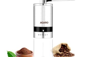 AGARO Elite Manual Coffee Grinder, Ceramic Grinder with Glass jar, 6 Adjustable Settings, Stainless Steel Body, Tooth Handle, No Power, Whole Bean, Drip Coffee, Espresso, Silver