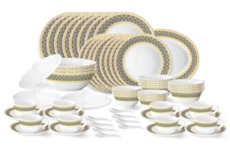 Larah by Borosil Regal Fluted Series Opalware Dinner Set | 63 Pieces for Family of 8 | Microwave & Dishwasher Safe | Bone-Ash Free | Crockery Set for Dining & Gifting | Plates & Bowls | White