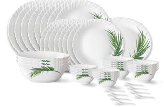 Larah by Borosil Crescent Fluted Series Opalware Dinner Set | 44 Pieces for Family of 8 | Microwave & Dishwasher Safe | Bone-Ash Free | Crockery Set for Dining & Gifting | Plates & Bowls | White