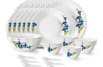 Larah by Borosil Nina Fluted Series Opalware Dinner Set | 33 Pieces for Family of 6 | Microwave & Dishwasher Safe | Bone-Ash Free | Crockery Set for Dining & Gifting | Plates & Bowls | White